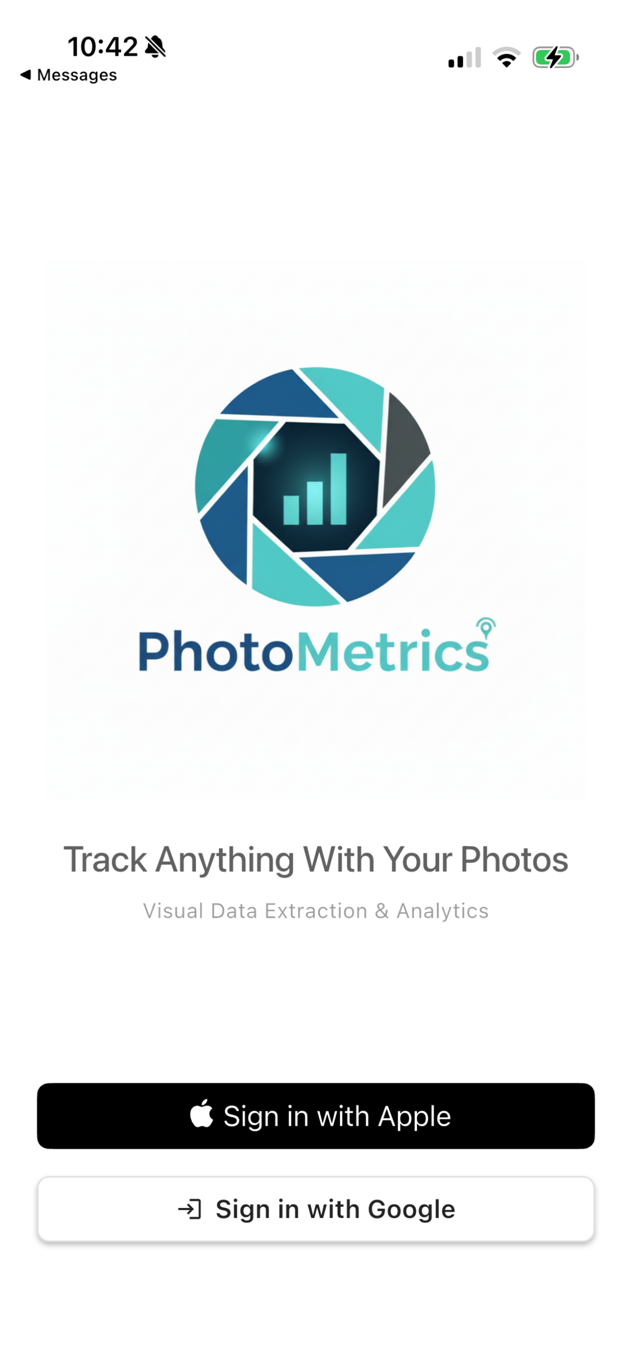 PhotoMetrics login screen with slogan: Track Anything With Your Photos