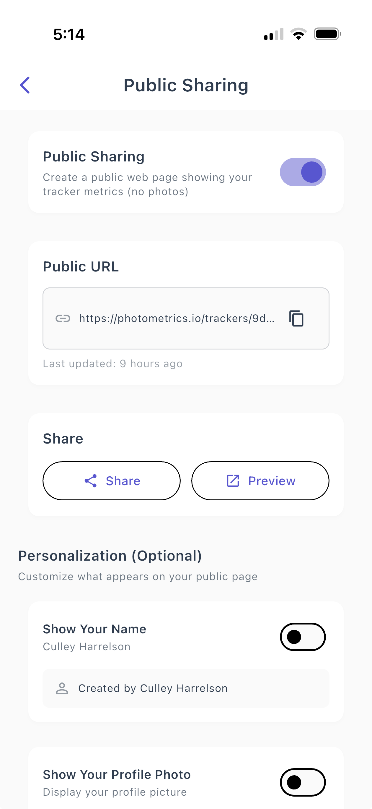 PhotoMetrics public tracker sharing