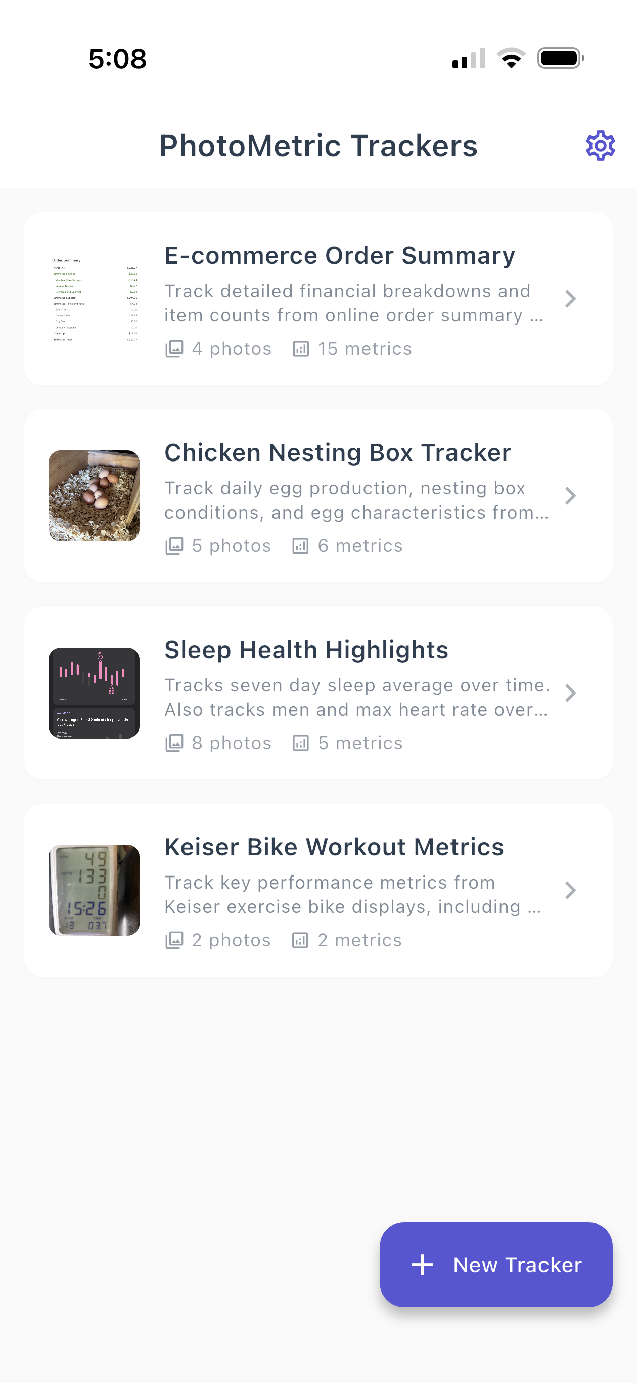 PhotoMetrics trackers list showing multiple tracking projects