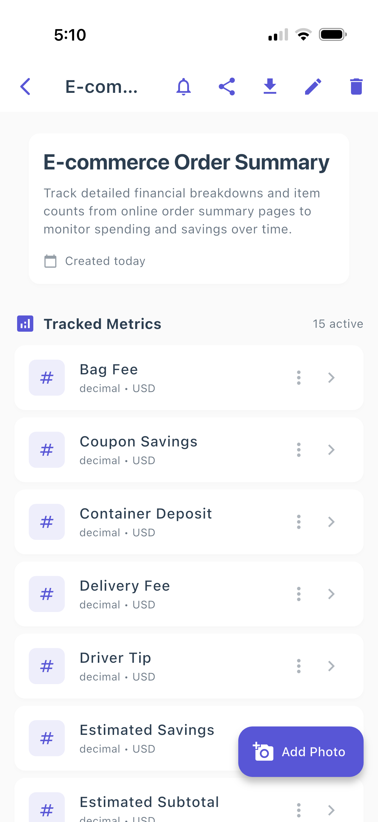 PhotoMetrics tracker summary view