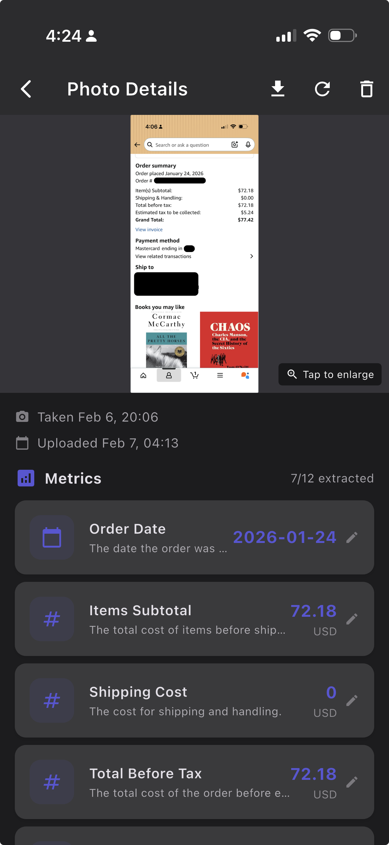 PhotoMetrics extracting order data from an Amazon order summary screenshot - order date, items subtotal, shipping cost, and total before tax