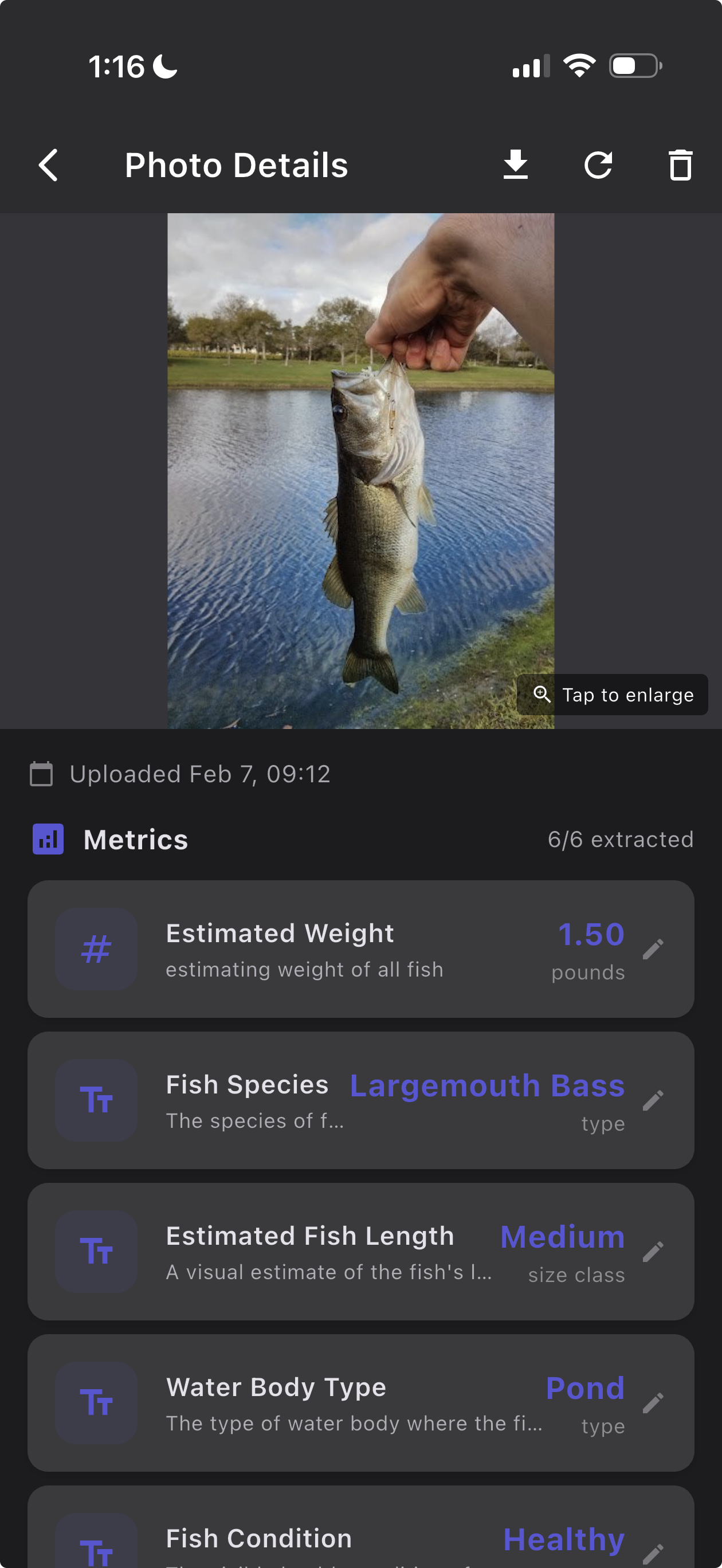 PhotoMetrics extracting fishing data from a catch photo - estimated weight, fish species, length class, water body type, and fish condition