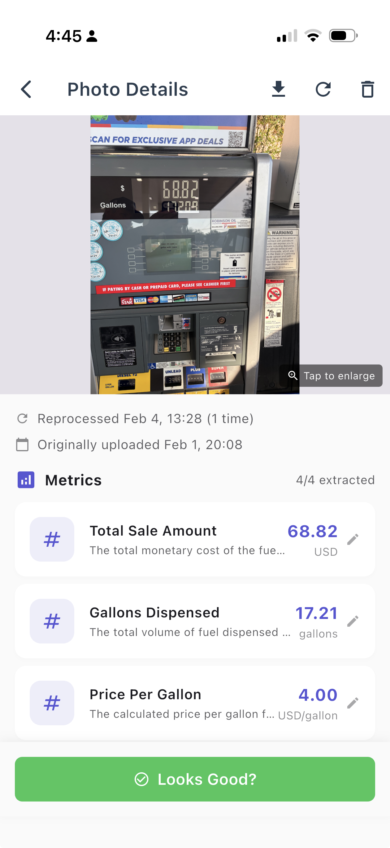 PhotoMetrics extracting fuel purchase data from a gas pump display - total sale amount, gallons dispensed, and price per gallon