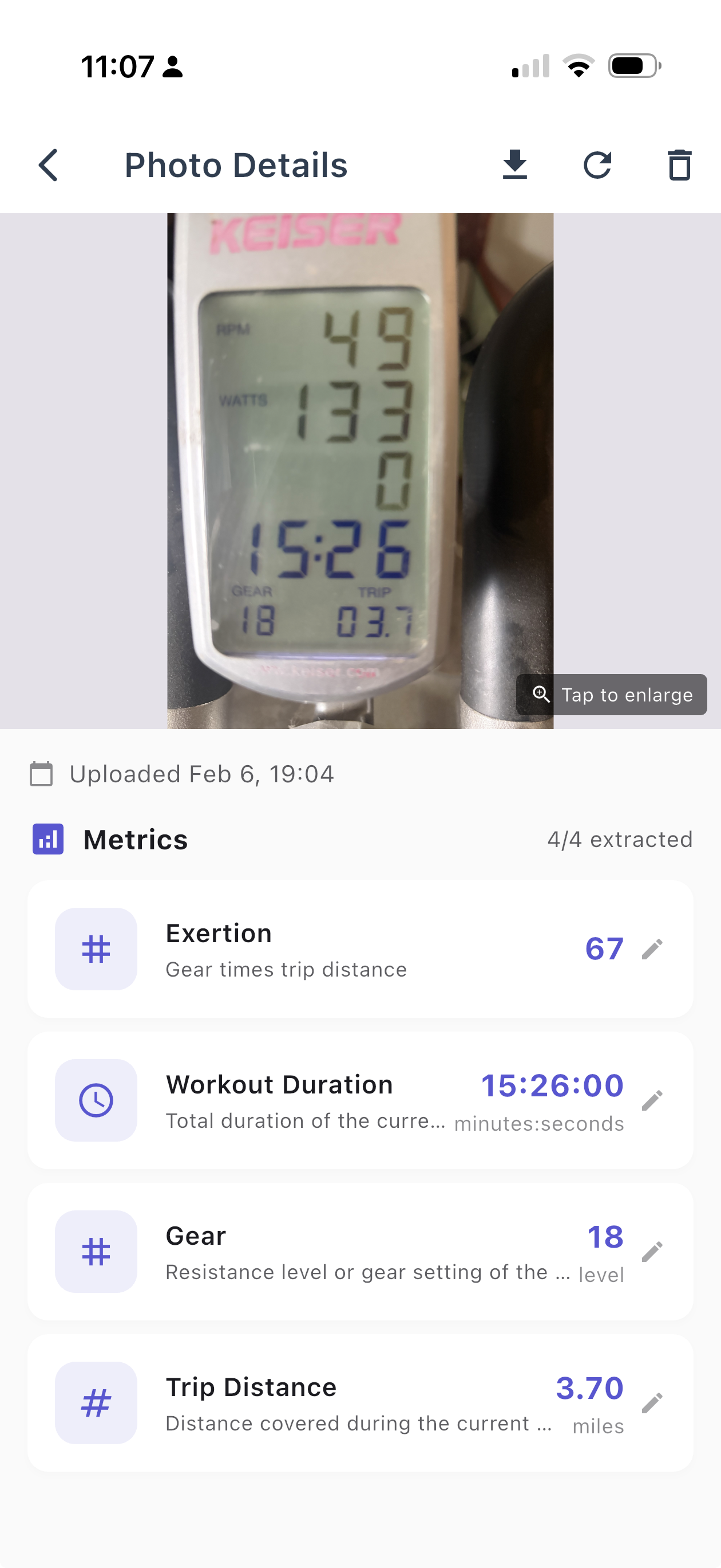 PhotoMetrics extracting workout data from a Keiser bike display - RPM, watts, duration, gear, and trip distance