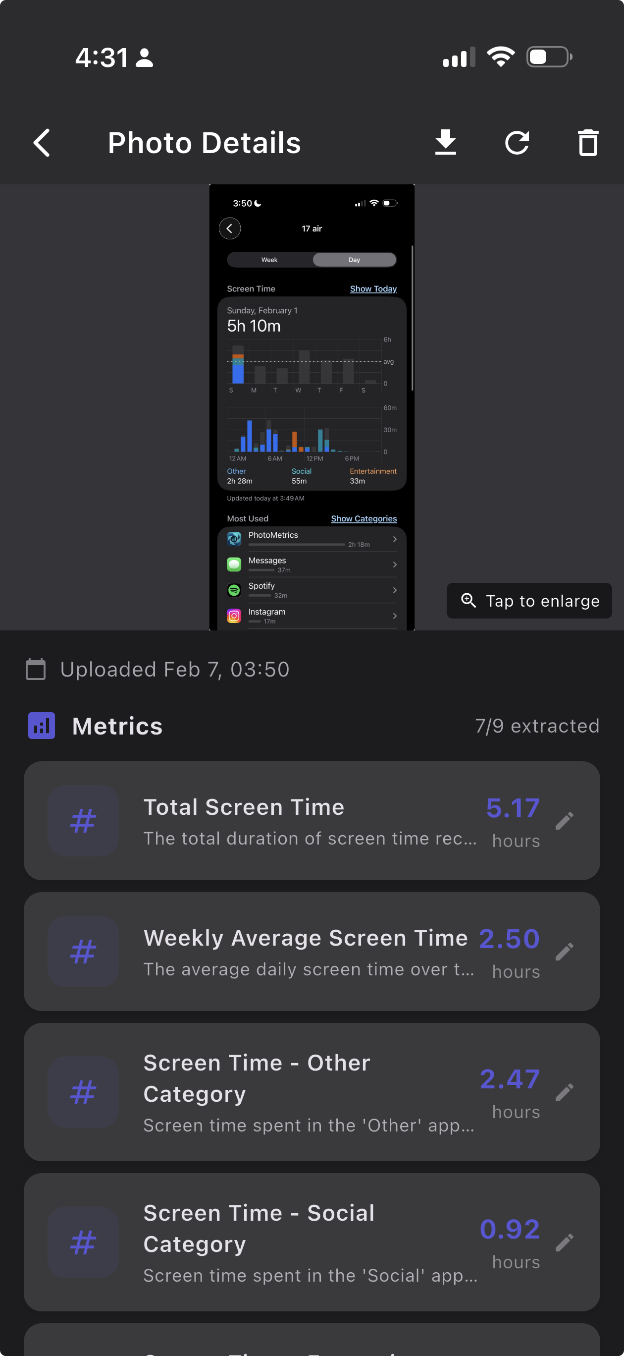 PhotoMetrics extracting screen time data from an iOS Screen Time report - total hours, weekly average, and breakdowns by category